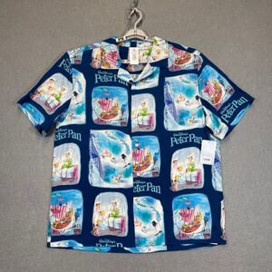 Disney Peter Pan Shirt Mens Large Blue Movie Scene Short Sleeve Button Up NEW